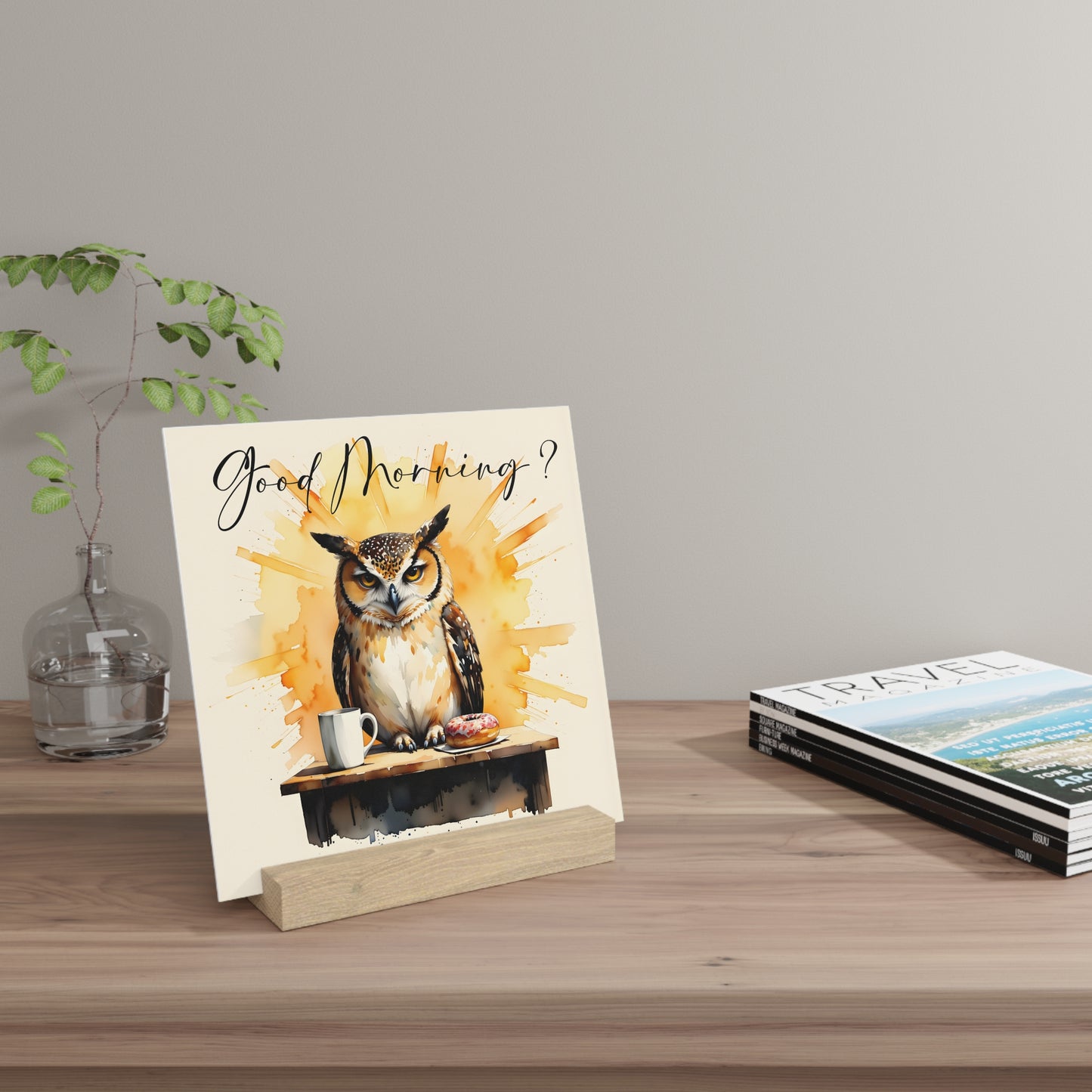Good Morning? Owl Gallery Board with Stand — Whimsical Coffee & Donut Morning Decor