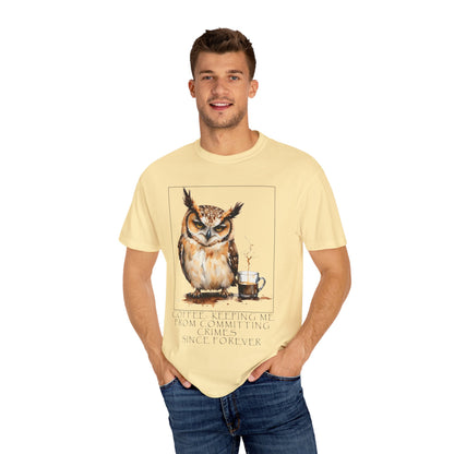 Owl Coffee Illustration T‑Shirt — 'Coffee First, Commit Later' Graphic Tee
